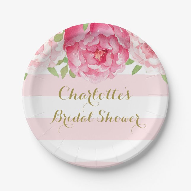Blush Stripes Pink Watercolor Bridal Shower Plate (Front)