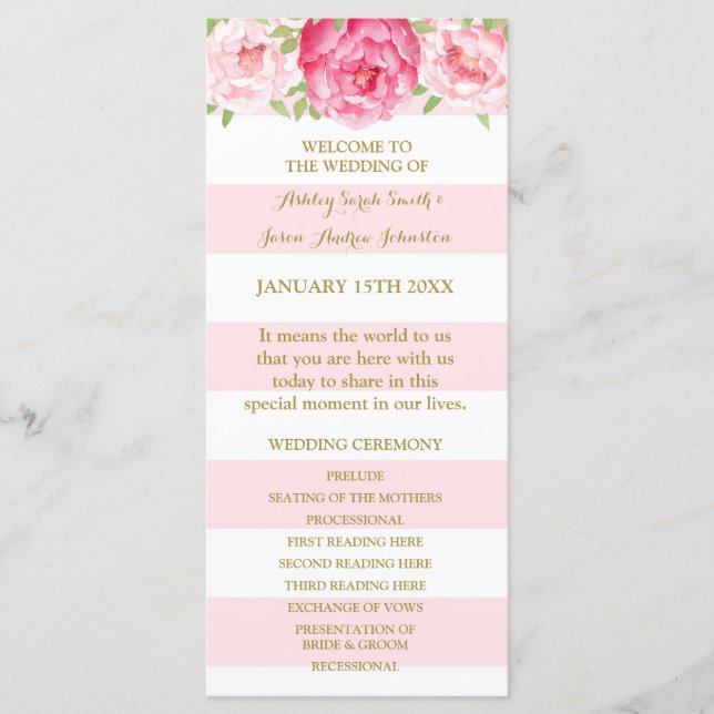 Blush Stripes Pink Watercolor Wedding Program Programme (Front)