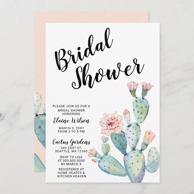 Blush Succulent Cactus Bridal Shower Invitations (Front/Back)