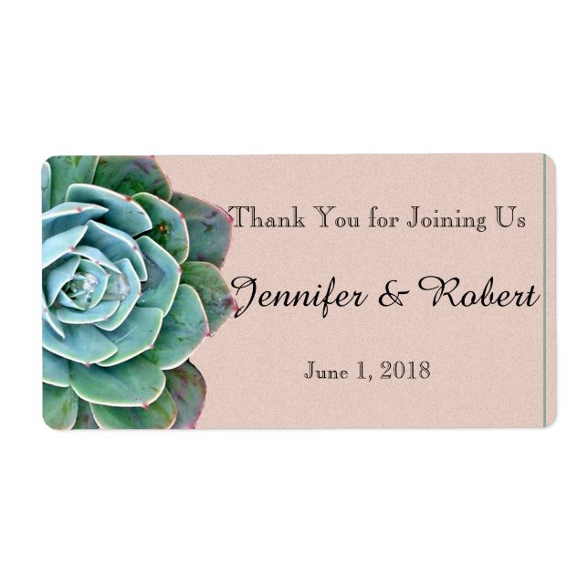 Blush Succulent Wedding Water Bottle Label (Front)