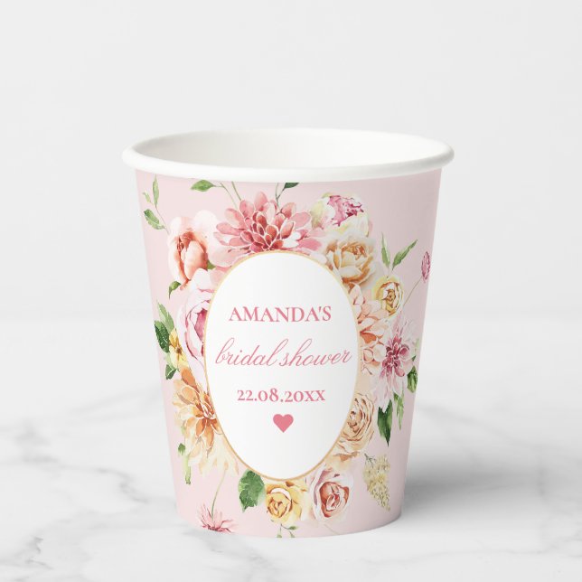 Blush Summer Floral Romantic Bridal Shower Paper C Cups (Front)