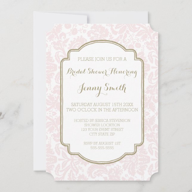 Blush Tan Damask Bridal Shower Invitation Cards (Back)