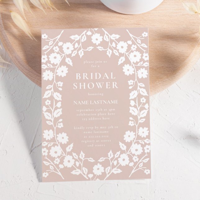 Blush Tan Simple White Folk Floral Bridal Shower Invitation (Creator Uploaded)
