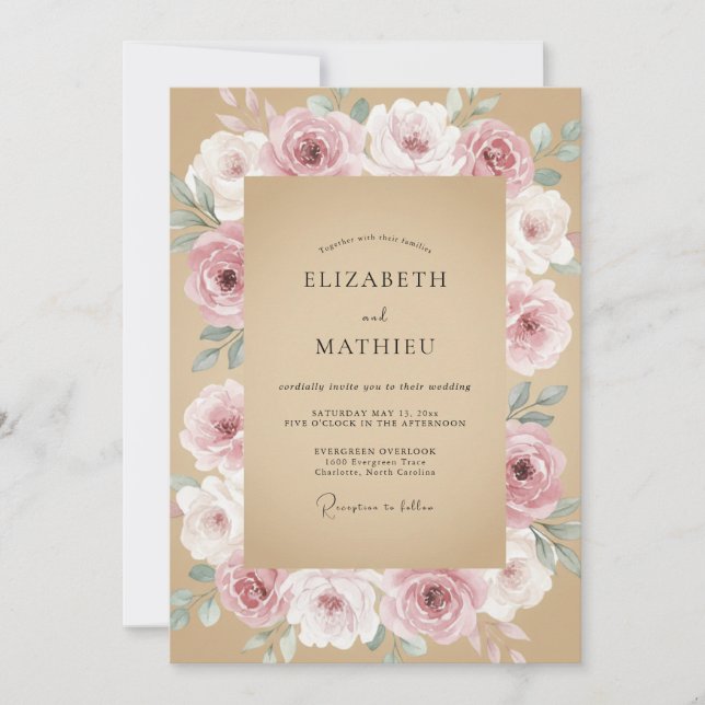 Blush Tan Watercolor Floral Wedding Invitation (Front)