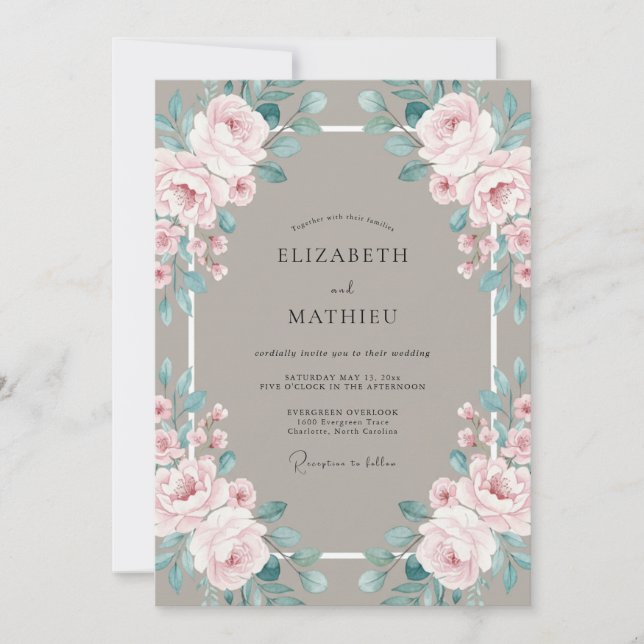 Blush Taupe Peony Wedding Invitation (Front)