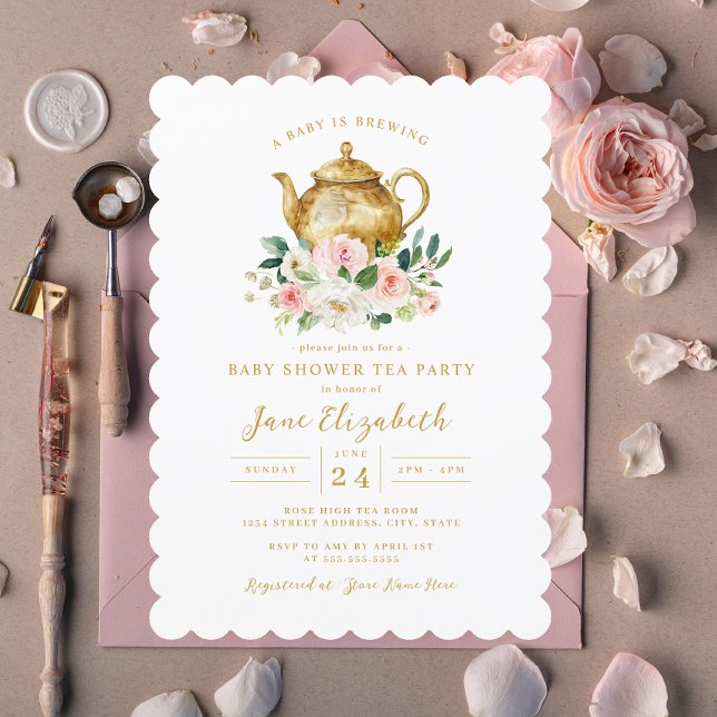 Blush Tea Party A Baby is Brewing Baby Shower  Invitation (Creator Uploaded)