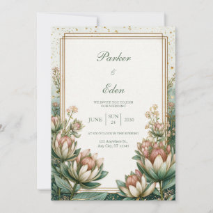 Blush Teal Astrantia Gold Foil Wedding Invitation