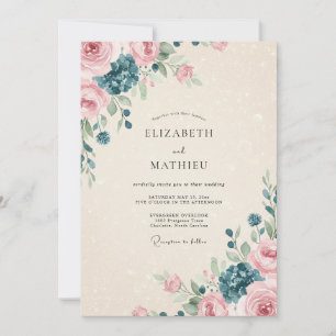 Blush Teal Watercolor Wedding Invitation