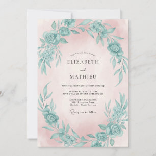Blush Teal Wreath Wedding Invitation