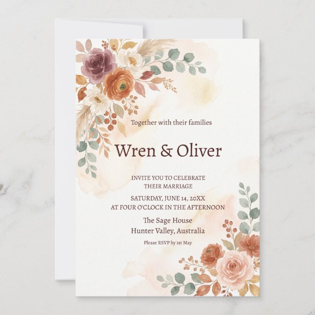 Blush Terracotta Watercolour Wedding Invitation (Front)