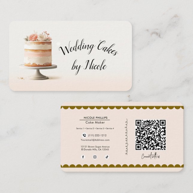 Blush Tier Cake Bakery Social Media Connection QR  Business Card (Front/Back)