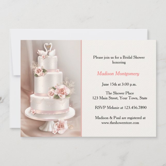 Blush Tiered Cake, Roses, Swans, Bridal Shower Invitation (Front)