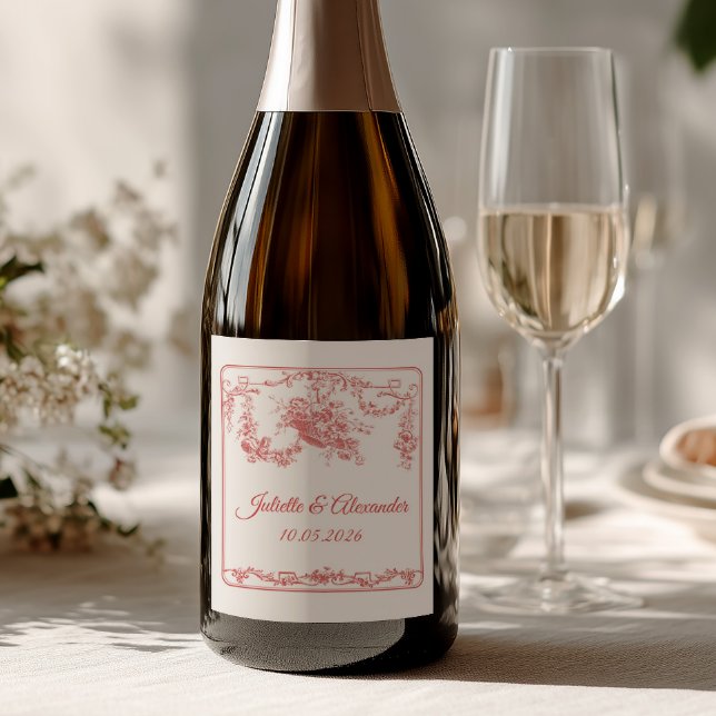 Blush Toile de Jouy Wedding Bottle Label with Cupi (Creator Uploaded)