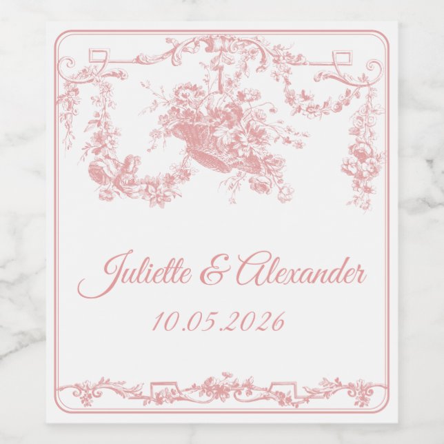 Blush Toile de Jouy Wedding Bottle Label with Cupi (Single Label)