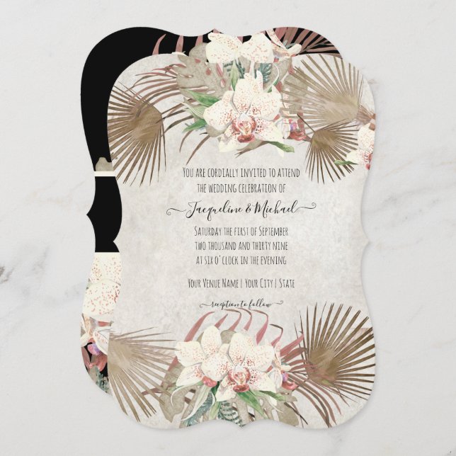 Blush Tropical Orchid Floral Palm Foliage Black Invitation (Front/Back)