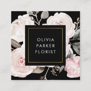 Blush Vintage Watercolor Roses on Black Square Business Card