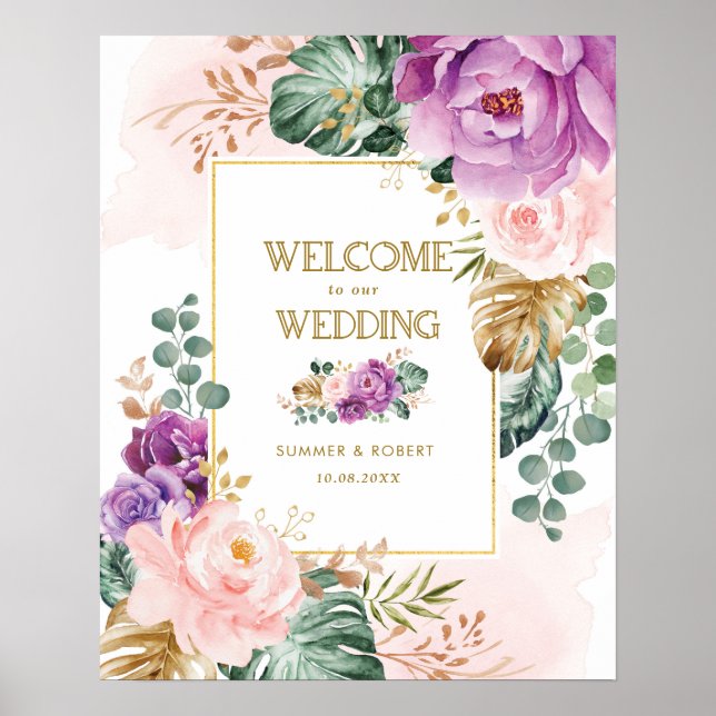 Blush Violet Tropical Floral Greenery Wedding Poster (Front)