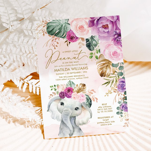 Blush Violet Tropical Greenery Elephant Baby Invitation (Creator Uploaded)