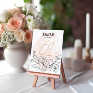 Blush Watercolor & Black Floral Elegant Wedding Table Number