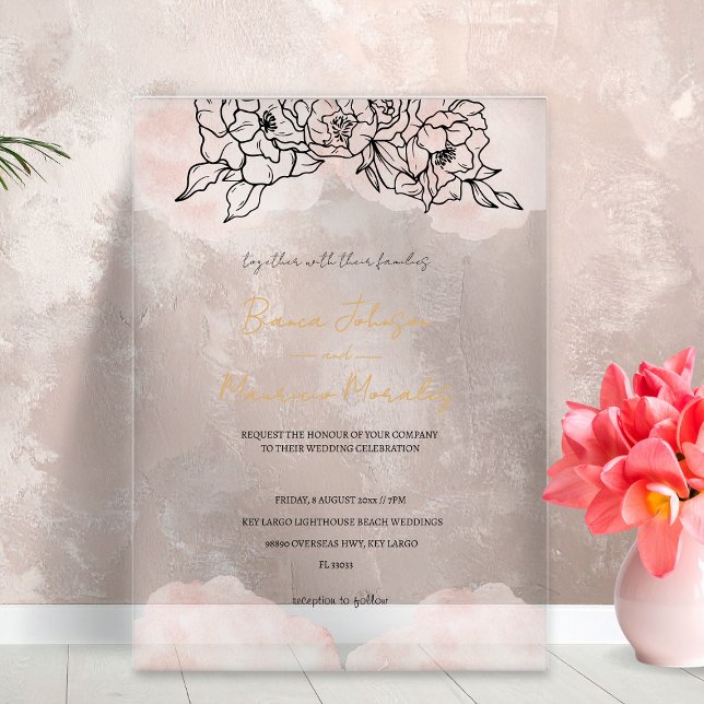 Blush Watercolor & Black Floral Wedding  Acrylic Invitations (Blush Watercolor & Black Floral Wedding Acrylic Invitations)