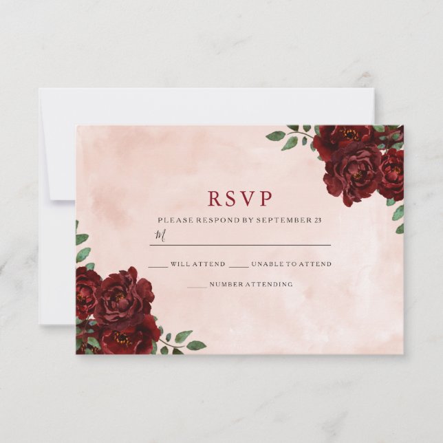 Blush Watercolor Burgundy Red Rose All Occasions RSVP Card (Front)