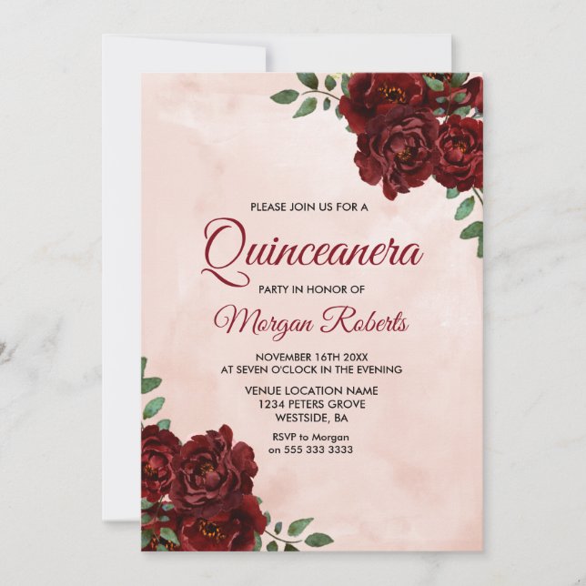 Blush Watercolor Burgundy Red Rose Quinceanera Invitation (Front)