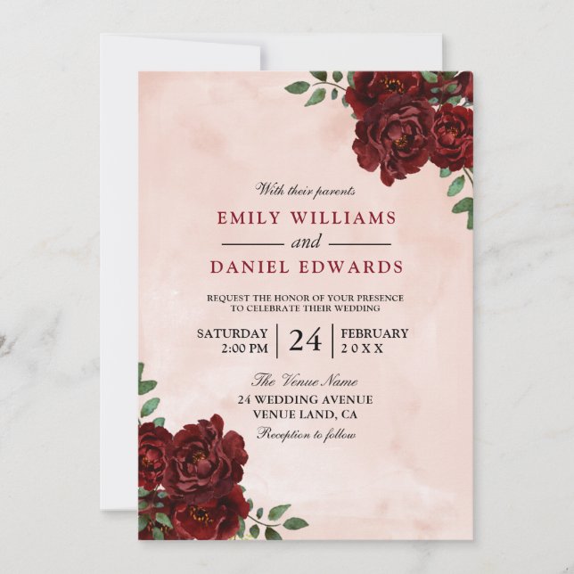Blush Watercolor Burgundy Red Rose Wedding Invitation (Front)