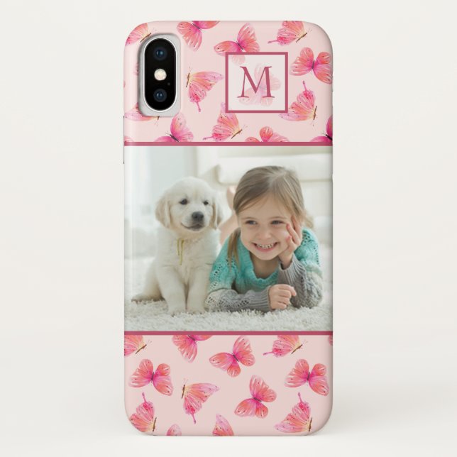 Blush Watercolor Butterfly Monogram Photo Case-Mate iPhone Case (Back)