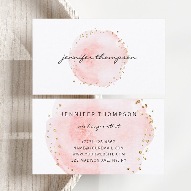 Blush Watercolor Circle Gold Dots Business Card (Front & Back)