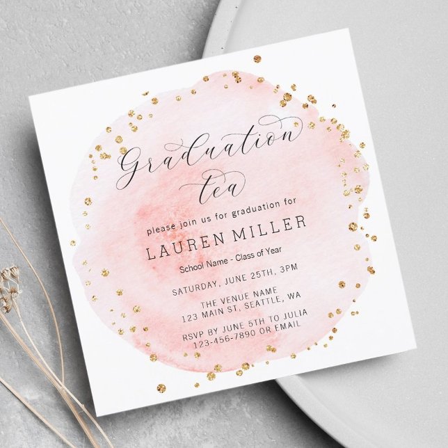 Blush Watercolor Circle Gold Dots Graduation Party Invitation (Creator Uploaded)