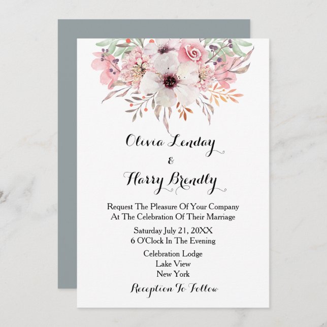Blush Watercolor Country Floral Wedding Invitation (Front/Back)