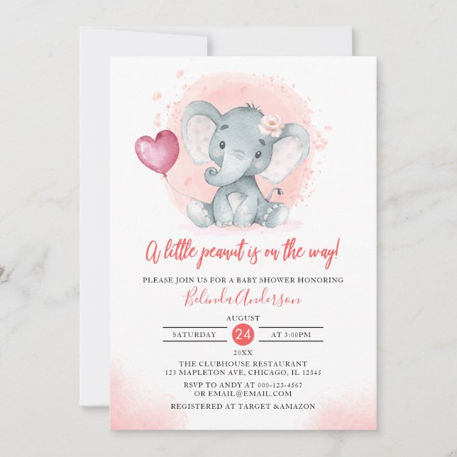 Blush Watercolor Cute Girl's Elephant Baby Shower Invitation (Front)