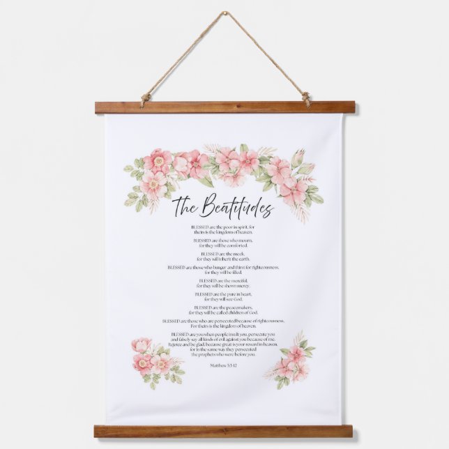 Blush Watercolor Floral Beatitudes Scripture Hanging Tapestry (Front)