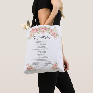 Blush Watercolor Floral Beatitudes Scripture Tote Bag