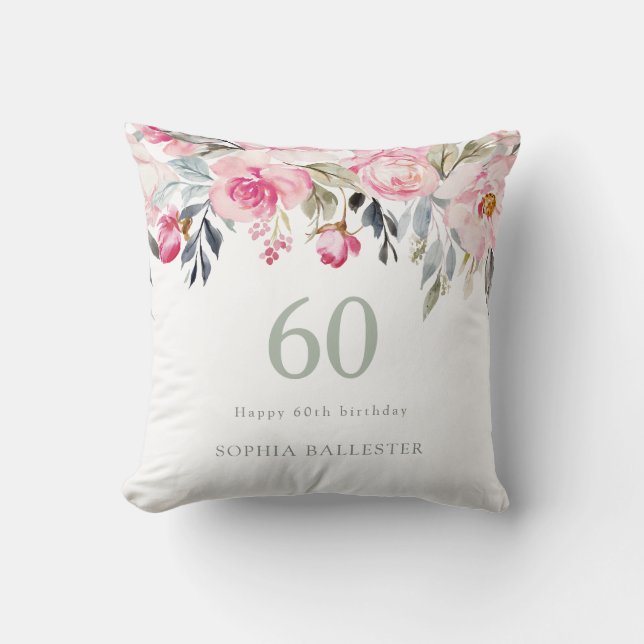 Blush watercolor Floral beautiful 60th birthday Cushion (Front)