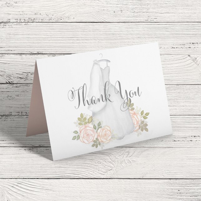 Blush Watercolor Floral Bridal Shower Thank You Card (Elegant thank you card with stylish calligraphy script and classic wedding gown. )