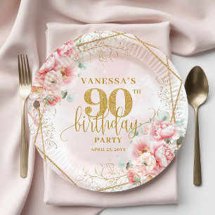 Blush Watercolor Floral Gold Elegant 90th Birthday Paper Plate