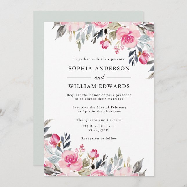 Blush Watercolor Floral Greenery Elegant Wedding Invitation (Front/Back)
