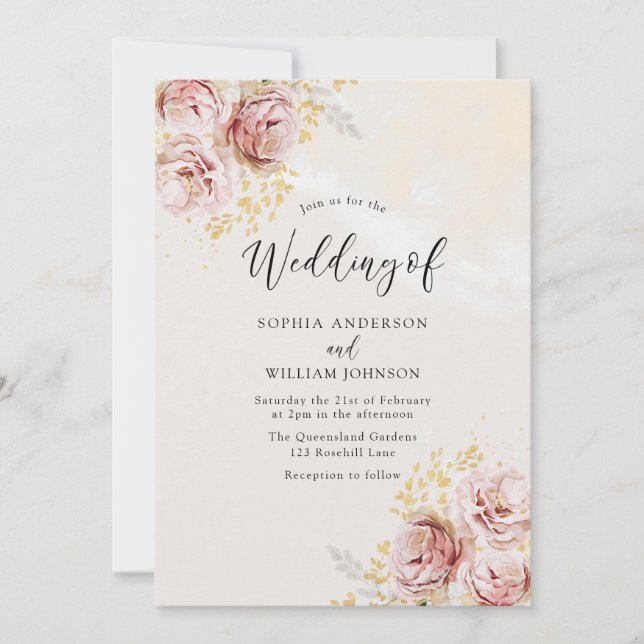 Blush Watercolor Floral Marble Finish Wedding Invitation (Front)