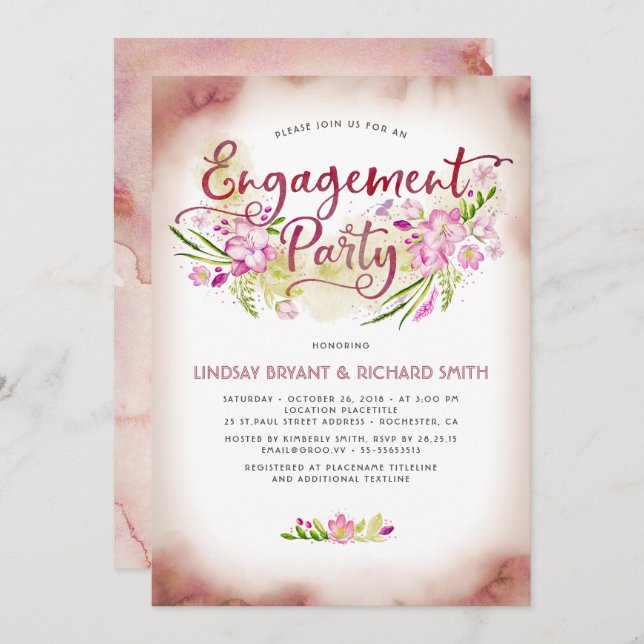 Blush Watercolor Floral Script Engagement Party Invitation (Front/Back)
