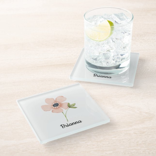 Blush Watercolor Flower Name Glass Coaster (Angled)