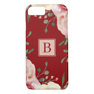 Blush Watercolor Flowers Burgundy Simple Monogram Case-Mate iPhone Case