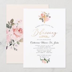 Blush Watercolor Flowers Faux Gold Blessing Invitation
