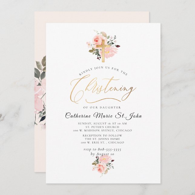 Blush Watercolor Flowers Faux Gold Christening Invitation (Front/Back)