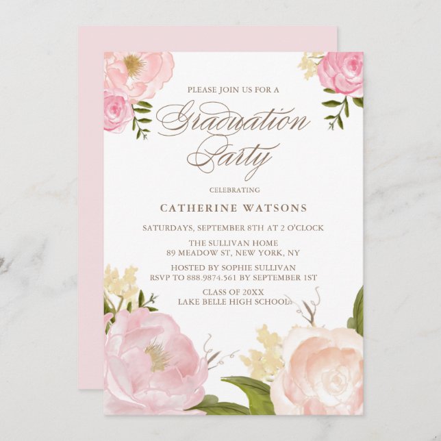 Blush Watercolor Flowers Graduation Invitation (Front/Back)