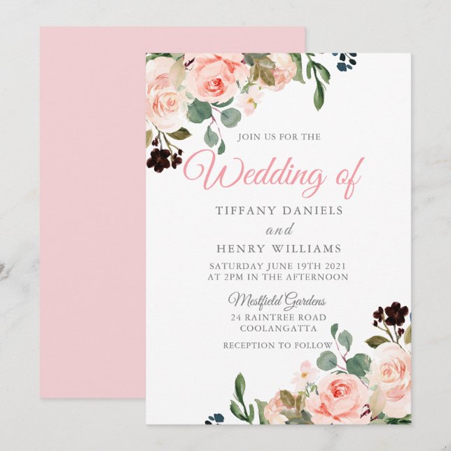 Blush Watercolor Flowers Modern Wedding Design Invitation (Front/Back)