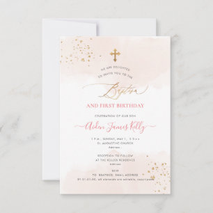 Blush Watercolor Gold Baptism+1st Birthday Invitation