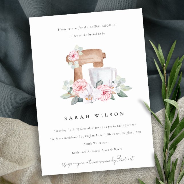 Blush Watercolor Mixer Floral Recipe Bridal Shower Invitation (Creator Uploaded)