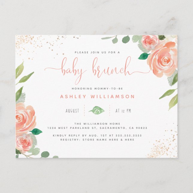 Blush Watercolor Peonies & Eucalyptus Baby Brunch Invitation Postcard (Front)