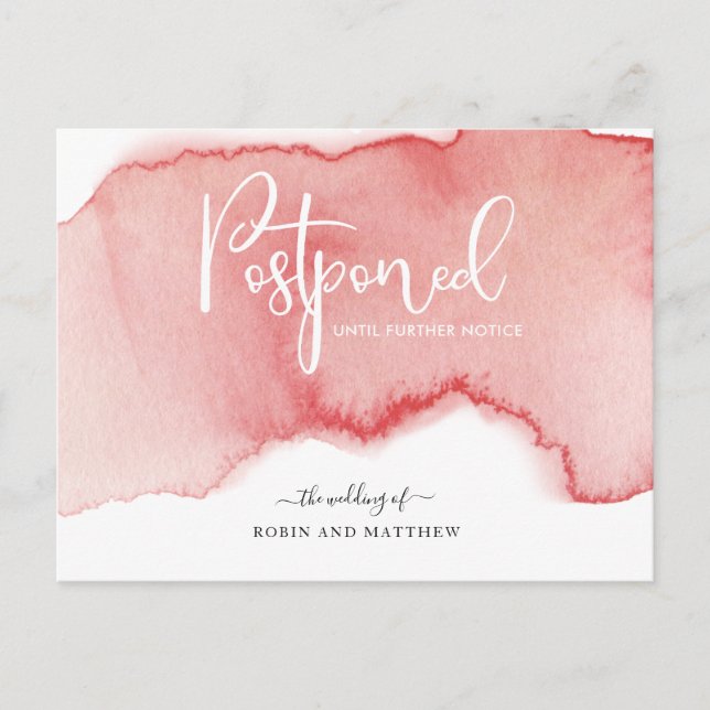 Blush Watercolor Postponement Wedding Announcement Postcard (Front)